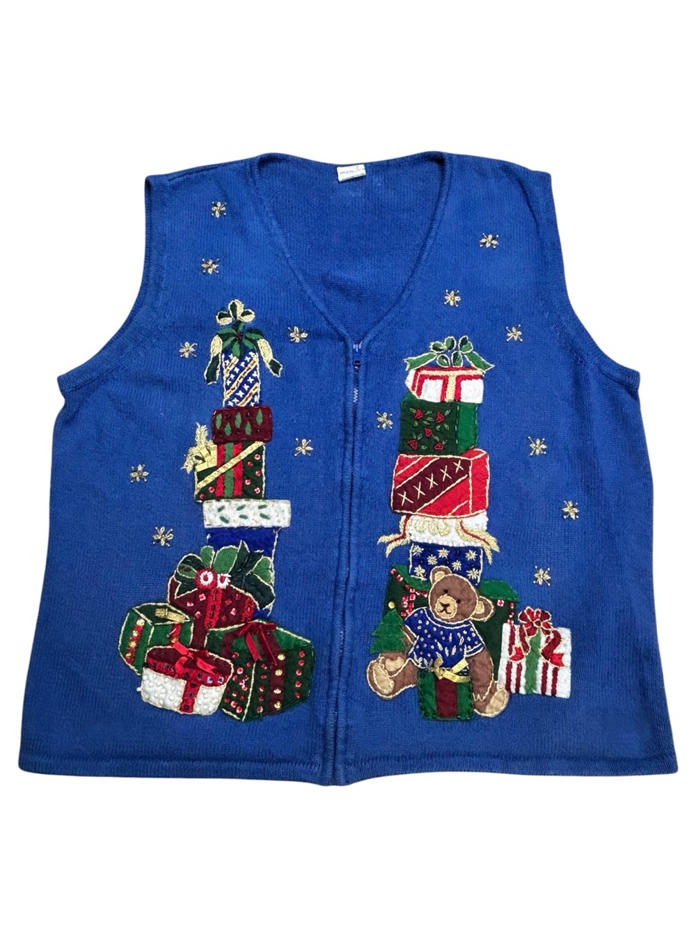 Blue Knit Vest With Embroider & Sequin Christmas Gift Boxes & Teddy Bear 2X